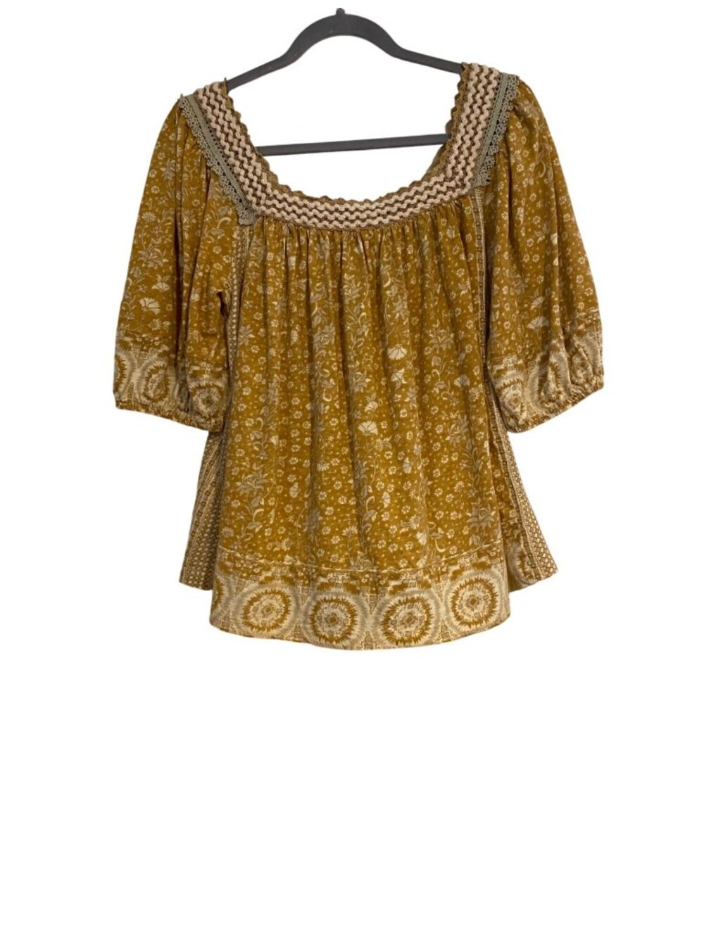 Rachel Zoe Women's XL Gold White Floral Boho Peasant Top Lace Trim Square Neck